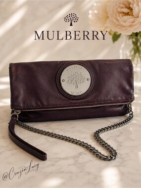 Mulberry Fold Over Leather Crossbody Clutch Aubergine